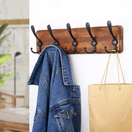 SKOLOO Rustic Wall Mounted Coat Rack: 16" Hole to Hole, Pine Real Wood Plank Wall Coat Rack with 5 Triple Hooks, Farmhouse Coat Hanger Wall Mount for Hanging Backpack Jacket Coat Hat,Pack of 2