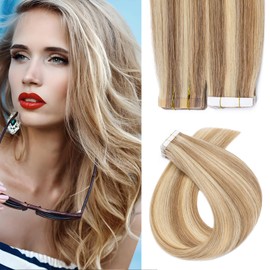 Elailite Tape-In Real Hair Extensions, 20 Pieces (1.5 g/pcs) Hair Extensions, Real Human Hair, Glue #12P613 Golden Brown & Bleach Blonde