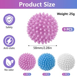 Pack of 9 Dryer Balls for Tumble Dryers, Washing Balls, Dryer Balls, Dryer Ball, Reusable Washing Ball, Washing Ball for Washing Machine, Tumble Dryer Balls, Fluffy Laundry (Blue, White, Purple)
