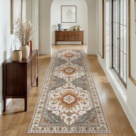 Tangsoo 2.6x8 Washable Runner Rug for Hallways, Non Slip Vintage Runner Rug, Soft Low Pile Long Rug Runner, Print Distressed Turmeric Carpet Runners for Kitchen Bedroom Entryway Bathroom Living Room