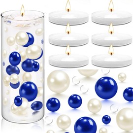 FFUW 10000 Pcs Water Beads 200 Pcs Floating Pearls and 6 Pcs Floating Candles NO Hole Pearl Water Gel Beads for Vases Floating Candles for Centerpieces Home Weddings Table Party Decor(White, Blue)