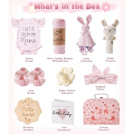 Golray 9pcs Baby Girl Gifts, Baby Shower Gifts for Girls Baby Toys 0-6 Months with Bunny Rattle, Blanket/Onesies/Headband/Socks, New Born Essential Stuff, Gender Reveal Ideas Infant Baby Gift Basket