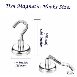 Wukong Pack of 10 Neodymium Magnetic Hooks, Extra Strong, 25 mm Strong Magnets with Hooks, Small Magnetic Hooks Holds 19 kg (42 lb), Large Round Magnets for Fridges, Kitchens and Warehouses