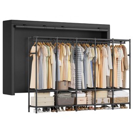 SONGMICS Wardrobe Closet, 83.5 Inch Large Capacity Portable Closet, Clothing Rack, 25 mm Dia,Thick Steel Tubes, Clothes Organizer with Fabric Cover, 5 Hanging Rails, 10 Shelves, Ink Black URDR095B01