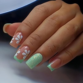 24 Pcs French Tip Green Press on Nails Medium Square- ZIFANHU Glitter Fake Nails Press ons Nail Art Tip Full Cover False Nails with Cute Flower Design Glue on Nails Acrylic Nail Kit for Women