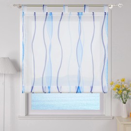 ESLIR Roman Blind with Eyelets, Kitchen Roman Curtains, Transparent Tab-Top Roller Blind Curtains with Wave Print, Modern Voile Blue, W x H 100 x 140 cm, Pack of 1