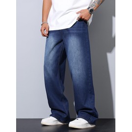 QGRSWBC Men's Baggy Jeans Wide Leg Hip Hop Pants Vintage Loose Fit Trousers Streetwear Dark Wash Blue L