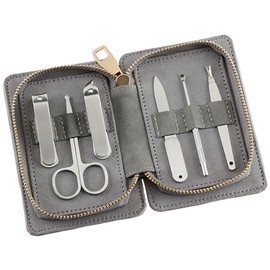 Suitcase Company Nail Care, Set of 6, Leather-like Case, Nail Clippers, Earpick, Cuticle Cutter, Scissors, File, Compact, Grooming, Stainless Steel, Care, GPT, Gray