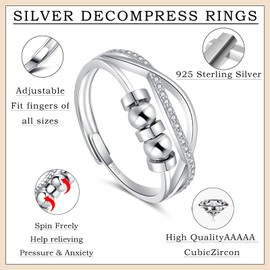 Josfeva Silver 925 Anxiety Rings, 925 Sterling Silver Anti-Stress Rings, Open Adjustable Anxiety Ring with Beads, Spinner Fidget Ring with Cubic Zirconia, Unisex Decompression Rings for Anxiety People