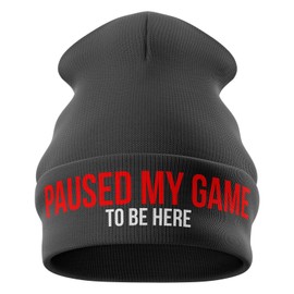 Purple Print House Gifts for Gamers - Paused My Game to be here Funny Beanie Hat - Gamer Gifts Gifts for him Gaming Gifts (Dark Grey)