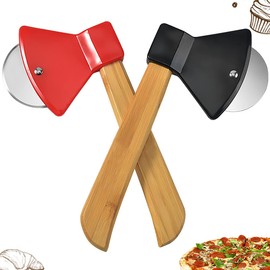 Dadamong 2Pcs Pizza Cutter Wheel, Axe Shaped Stainless Steel Pizza Knife With Bamboo Handles and Sharp Rotating Blades, Pizza Slicer Rolling Cutter for Pies, Cookies, Bread, Cakes (Black & Red)
