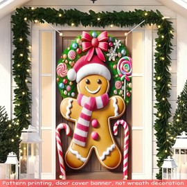 BlissYard Christmas Door Cover Gingerbread Man House Hanging Banner Christmas Sign Photography Background Candy Cane Wreath Decor Front Door Sign Winter Xmas 71x35 Inches（Banner, Not a Real Wreath）