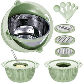4-1 Strainer Bowl with Lid Set - Strainers and Colanders - Colanders for kitchen - Food Strainer with Graters & Spoons - Fruit Washing Bowl with Colander Pasta Rice Strainer for Veggie Wash Green