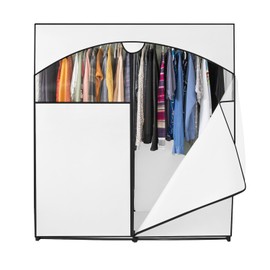 HOLDN’ STORAGE Portable Wardrobe Closet - 65 lb Large Capacity, Internal Heavy Duty Metal Rod, Zipper & Clear Window, Durable Clothes Organizer, Tool-Free Easy Assembly, White Canvas Cover