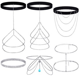 Bonuci 6 Pcs Crystal Leg Chain Women's Body Chains Layered Body Jewelry Party Thigh Chain Thigh Jewelry Accessories for Women(Silver)