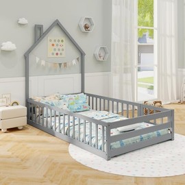 MAT EXPERT Twin Floor Bed,Montessori Bed with House-Shaped Headboard,Full Length Safety Guardrails,Door & Fence,Without Slats,Floor Bed Frame for Toddlers,Girls,Boys,Easy Assembly (Gray)