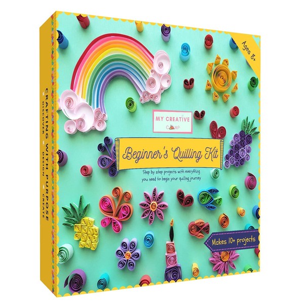 MY CREATIVE CAMP Beginner's Quilling Kit - DIY Craft Kit for Kids and Adults - 10 Projects with Instructions, Storage Box, Gem Stickers, Tools, Supplies, Paper Strips, Shape Chart, and Reference Guide