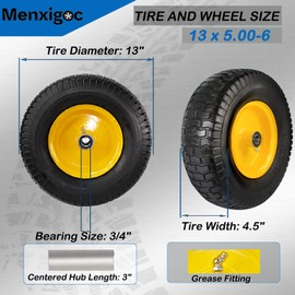 13x5.00-6 Flat Free Tire and Wheel, 13x5-6 Lawn Mower Tires, Zero Turn Front Tires, with 3/4" or 5/8" or 1/2" Bearings, 3"-5.5" Centered Hub, 13x500-6 Airless Solid Tire, 2 Pcs