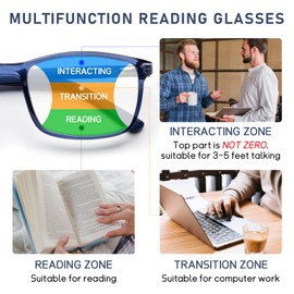 DEHOTRE Progressive Multifocus Reading Glasses Men Flexible TR90 Frame Readers Stainless Steel Arm Rubber Temple Spring Hinge Blue 2.00