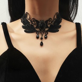TseenYi Black Lace Choker Necklace Vintage Black Crystal Tassel Necklace Wide Lace Collar Necklace Short Tear Black Pearl Pendant Necklace Lace Jewellery for Women and Girls