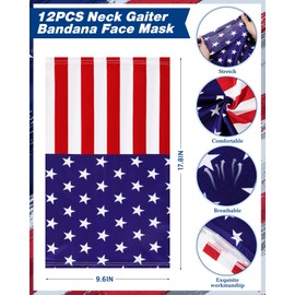 Cuffbow 12 Pack Neck Gaiters Face Mask Bandana Balaclava for Men Women Cooling Neck Gaiter summer UV Sun Protection Scarf(American Flag)