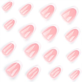 Almond Press on Nails Short Fake Nails White French Tip Nails Press ons Glossy Glue on Nails Pink Full Cover Acrylic False Nails Artificial Stick on Nails for Women Girls 24Pcs