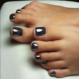 Chrome Glazed Black Press on Toenails for Women, Aurora Fake Toenail Press ons Short Square Acrylic Press on Toe Nails, Reusable Smoky Grey Toenails Glue on Natural Seamless Fit, 24Pcs Glue Toenails
