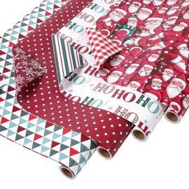 LaRibbons Reversible Christmas Wrapping Paper Set, Joyful Santa/Large HO HO HO/Snowflake Design for Christmas, Holiday, with 2 Trimming & 3 Gift Tags, 30 Inch X 10 Feet (4Rolls, 100 sq.ft.ttl.)