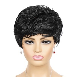 Short Pixie Cut Wig Synthetic Short Curly Wigs for White/Black Women Shot Layered Wavy Hair Wig With Bangs,Daily Wig (Jet Black 1#)