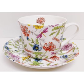 Rainbow Decors Japanese Garden & Dragonflies Cup and Saucer Fine Bone China Breakfast Jumbo 15 oz Floral Set Hand Decorated in UK