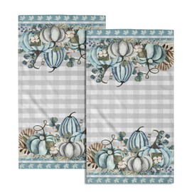 Teal Blue Pumpkin Hand Towels Watercolor White Gray Buffalo Plaid Kitchen Towels Decorative Bathroom Hand Towel for Farmhouse Fall Kitchen Thanksgiving Gifts 14 x 28 Inch, Set of 2