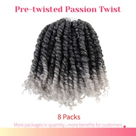 The BOHOBABE Pre-twisted Passion Twist Crochet Hair 8 Inch Short Pre-looped Crochet Passion Twist Braiding Hair 8 Packs (T1B/grey)