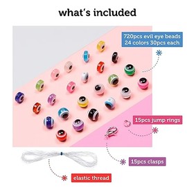 Incraftables - abalorio de mal ojo para hacer joyas (24 colores) Juego de pulseras Best Evil Eye (720 piezas) abalorio redondas de vidrio de mal de ojo para bricolaje y collar para adultos con cuerda elástica y cierres