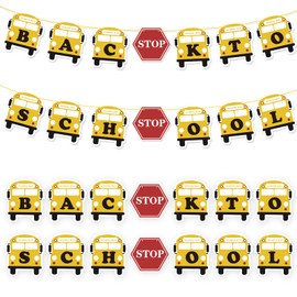 Back to School Bus Banner Large First Day of School Banners 16 Feet Back to School Birthday Party Decoration Supplies for Classroom Teacher Office Hanging Decor Sign with School Bus, Stop Tags
