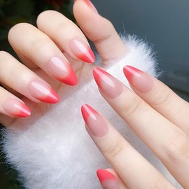 CUZIAM Rose Red Nude Ombre Press on Nails for Women, Short Almond Orange Red Pink Spring Summer Gel French Tip Full Cover Stick on Nail, 24Pcs Glossy Reusable Perfectly Fit False Fake Nail with Glue