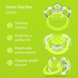 Smilo Baby Pacifier with Orthodontic Design for Healthy Dental Development - Stage 2 for Babies 3-9 Months - Pack of 3X 100% Silicone Pacifiers BPA Free - Green
