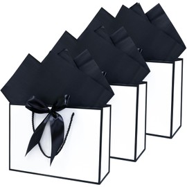 LYINUR 3Pcs Gift Bags for Presents, Medium Gift Bags with 6 Wrappers, White - Black Valentines Gift Bag Birthday Wedding Bridesmaid Gift Bag for Her Party Bags for Him, 28 x 20 x 10 cm