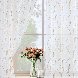 Laseniewa Gold Foil Print Sheer Curtains 84 inches Long, 2 Panels Ginkgo Bronzing Treatment Sheer Curtain, Rod Pocket Window Treatment Panels for Bedroom Living Room