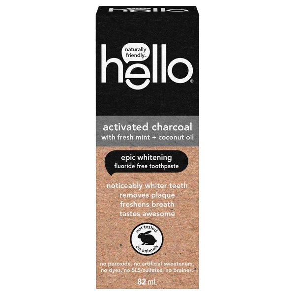 Hello Activated Charcoal Epic Teeth Whitening Toothpaste Fluoride Free, Fresh Mint & Coconut Oil, Vegan, SLS & Gluten Free, Peroxide Free, Dentifrice Blanchissant, 82 mL