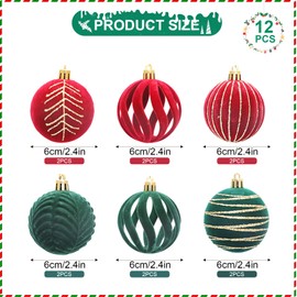 12Pcs Velvet Christmas Tree Ornaments,RedGreen Christmas Ornaments Ball,Velvet Christmas Balls Bulk,Flocked Christmas Ball Decoration,Shatterproof Christmas Tree Bauble,Hanging Ornaments for Xmas Tree