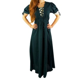 Leonardo Carbone Medieval Lysa Women's Short Sleeve Dress with Lacing Cotton, Green / Natural