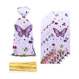 CSTYWC 50Pieces Butterflies Cellophane Treat Bags Flowers Butterfly Printed Goodie Candy Favor Bags with 50 Twist Ties for Butterfly Girls Birthday Baby Shower Summer Themed Party Supplies