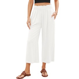 GRAPENT White Trousers Wide Leg White Pants for Women White Linen Pants Women Summer White Capri Pants Summer Clothes Plus Size Capris for Women Color Off White Size XXL XX-Large Size 20 Size 22