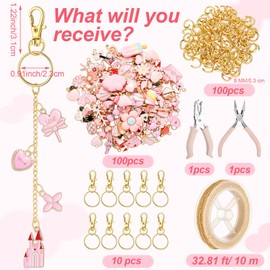 VioraWhite 213 Pcs Lip Gloss Keychain Making Kit 100 Pink Enamel Charms 32.81 ft Gold Chains for DIY Crafts Women(Elegant)