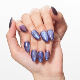 GLAMERMAID Dark Blue Magnet Cat Eyes Press On Nails Short Almond, Polarized Handmade Soft Jelly Gel Fake Nails, Magnetic Round Oval Stick Glue on Nails Kit for Women, Reusable Acrylic False Nail Set