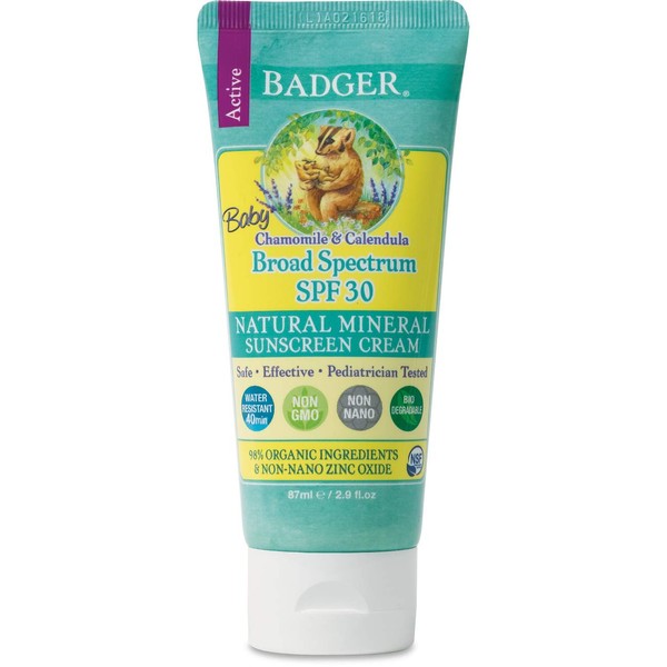 Badger - SPF 30 Baby Sunscreen Cream with Zinc Oxide - Broad Spectrum & Water Resistant, Reef Safe Sunscreen, Natural Mineral Sunscreen with Organic Ingredients 2.9 fl oz