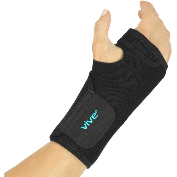 Vive Wrist Brace - Carpal Tunnel Hand Compression Support Wrap for Men, Women, Tendinitis, Bowling, Sports Injuries Pain Relief - Removable Splint - Universal Ergonomic Fit (Black, Right)