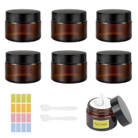 Amber Glass Empty Jar, Cream Jars for Filling, Pack of 6 Ointment Jars with 2 Spatulas and Stickers, Empty Refillable Cream Jar, Brown Glass Container for Lotion, Cream, Cosmetics (50 ml)