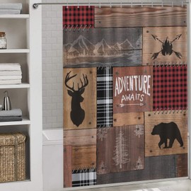 Cabin Shower Curtain for Bathroom, Rustic Retro Farmhouse Lodge Elk Bear Moose Deer Country Wild Animals Hunting Adventure Wooden Vintage Waterproof Fabric Shower Curtain Set with Hooks, 72"x72" Inch