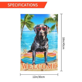 Summer Holiday Beach Cool Black Labrador Dog Coconut Trees Surfboard Garden Flag 12x18 Inch Welcome Party Decoration Yard Flag For Holiday Season Outdoor